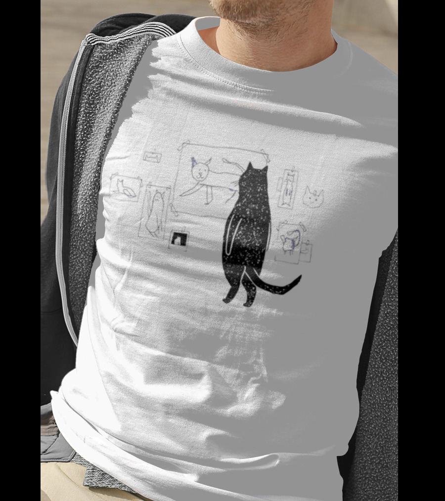 Black Cat Observing Doodle Drawings Of Cats T-Shirt