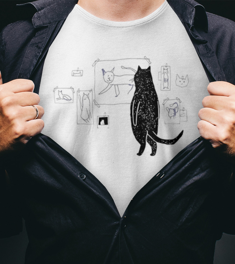 Black Cat Observing Doodle Drawings Of Cats T-Shirt