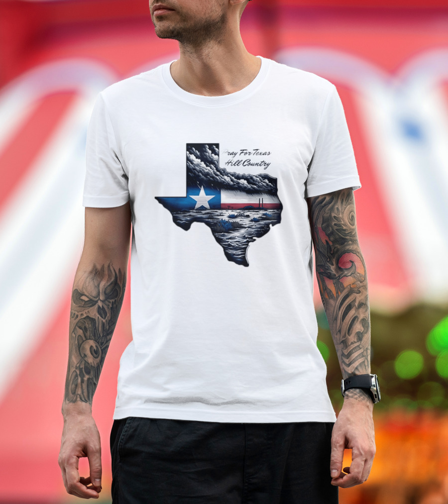 Pray For Texas Hill Country Map Texas Flag Storm Clouds T-Shirt