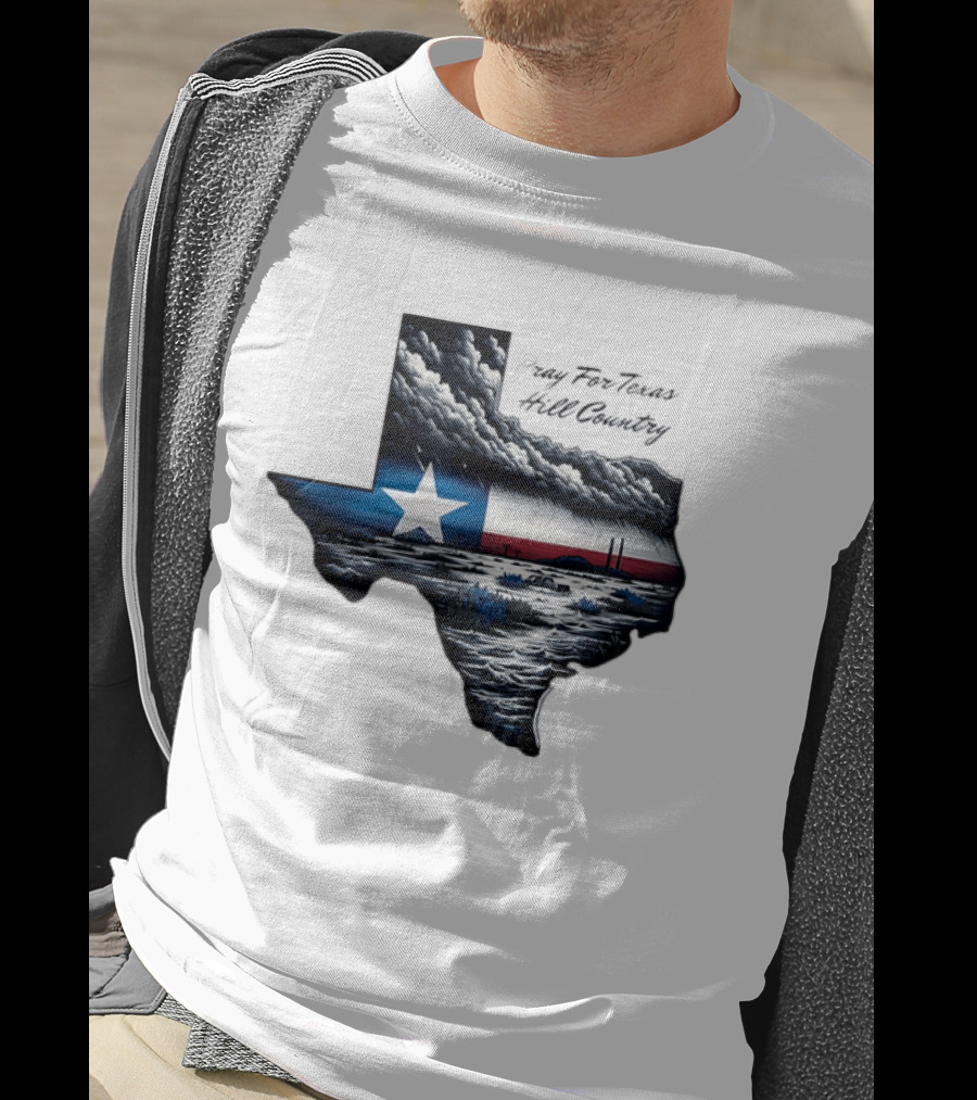 Pray For Texas Hill Country Map Texas Flag Storm Clouds T-Shirt