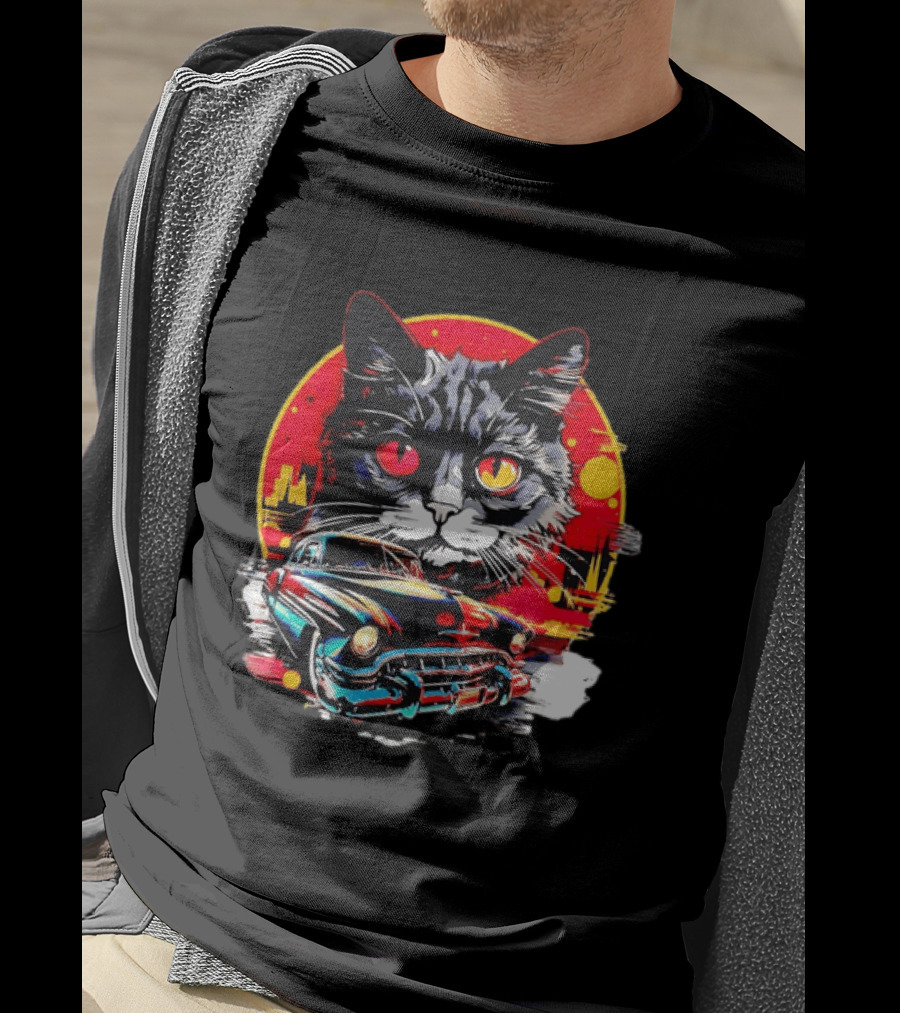 Black Cat With Vintage Classic Car And Retro Sunset T-Shirt