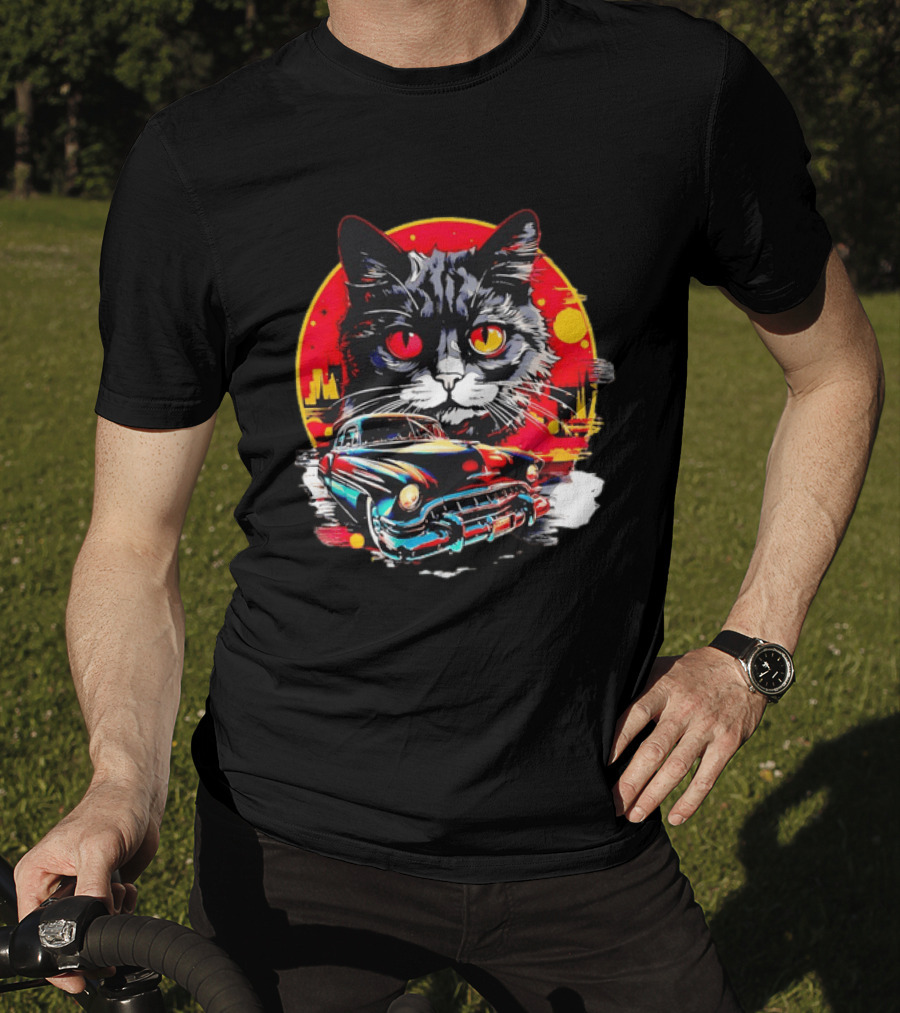 Black Cat With Vintage Classic Car And Retro Sunset T-Shirt