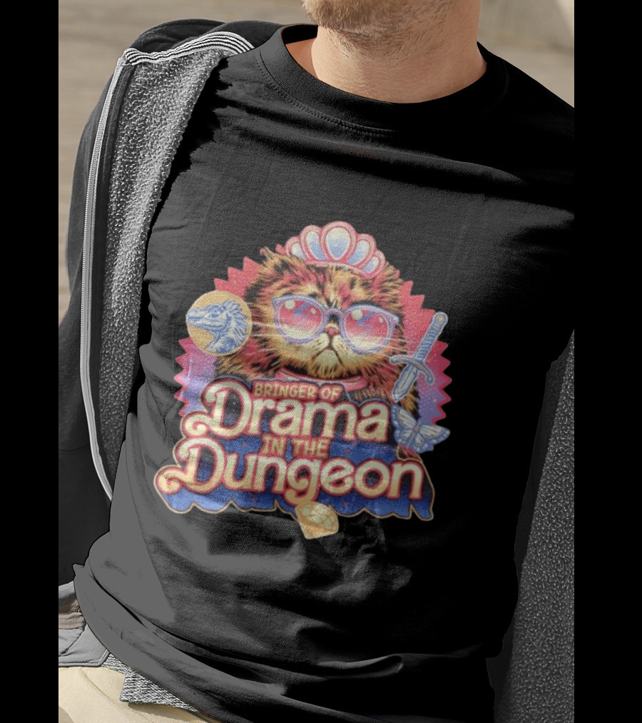 Bringer Of Drama In The Dungeon Cat With Raptor Dagger Butterfly Diamond T-Shirt