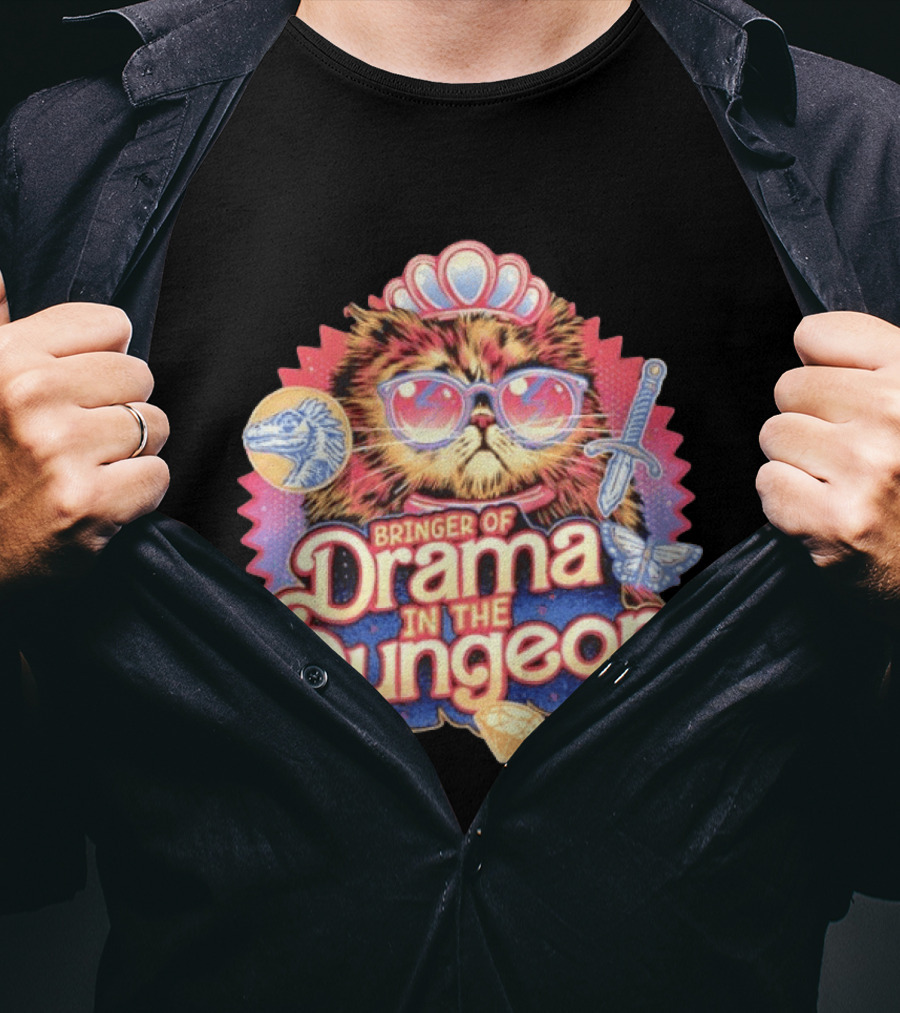 Bringer Of Drama In The Dungeon Cat With Raptor Dagger Butterfly Diamond T-Shirt