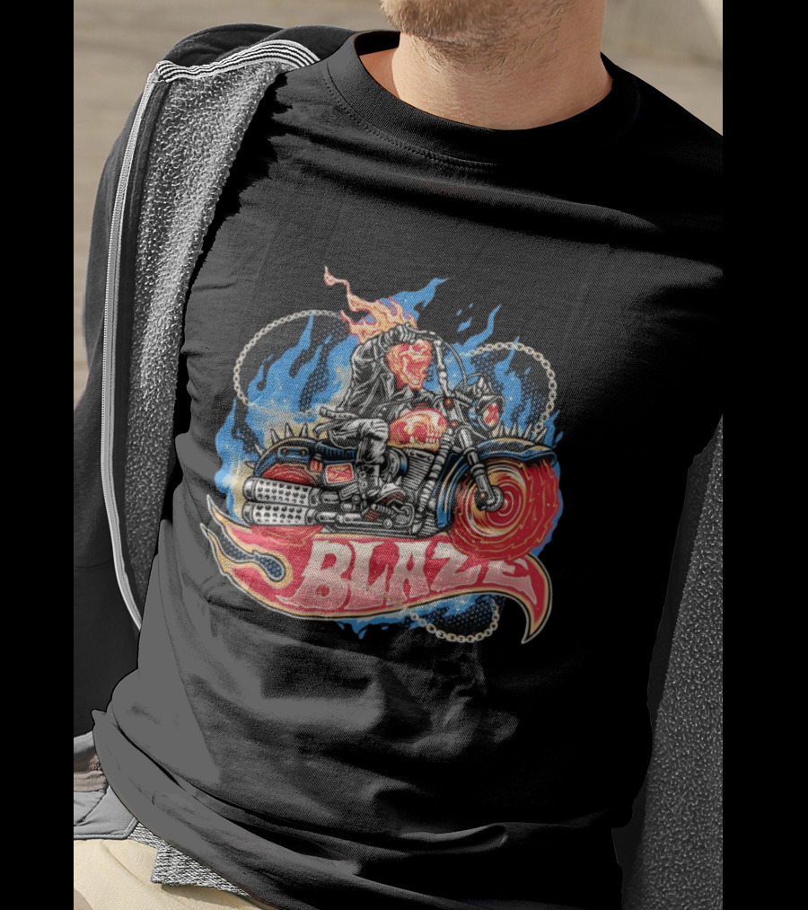 Blaze Flaming Skull Motorcycle Rider Blue Flame T-Shirt