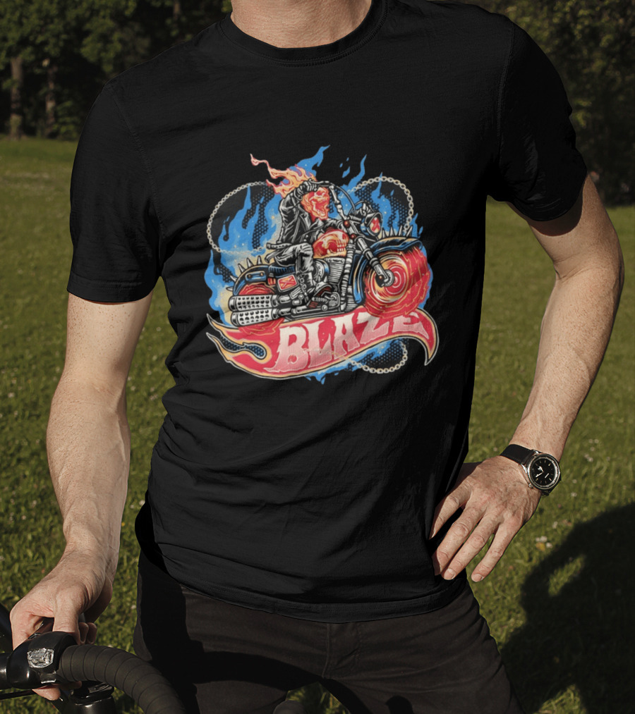 Blaze Flaming Skull Motorcycle Rider Blue Flame T-Shirt