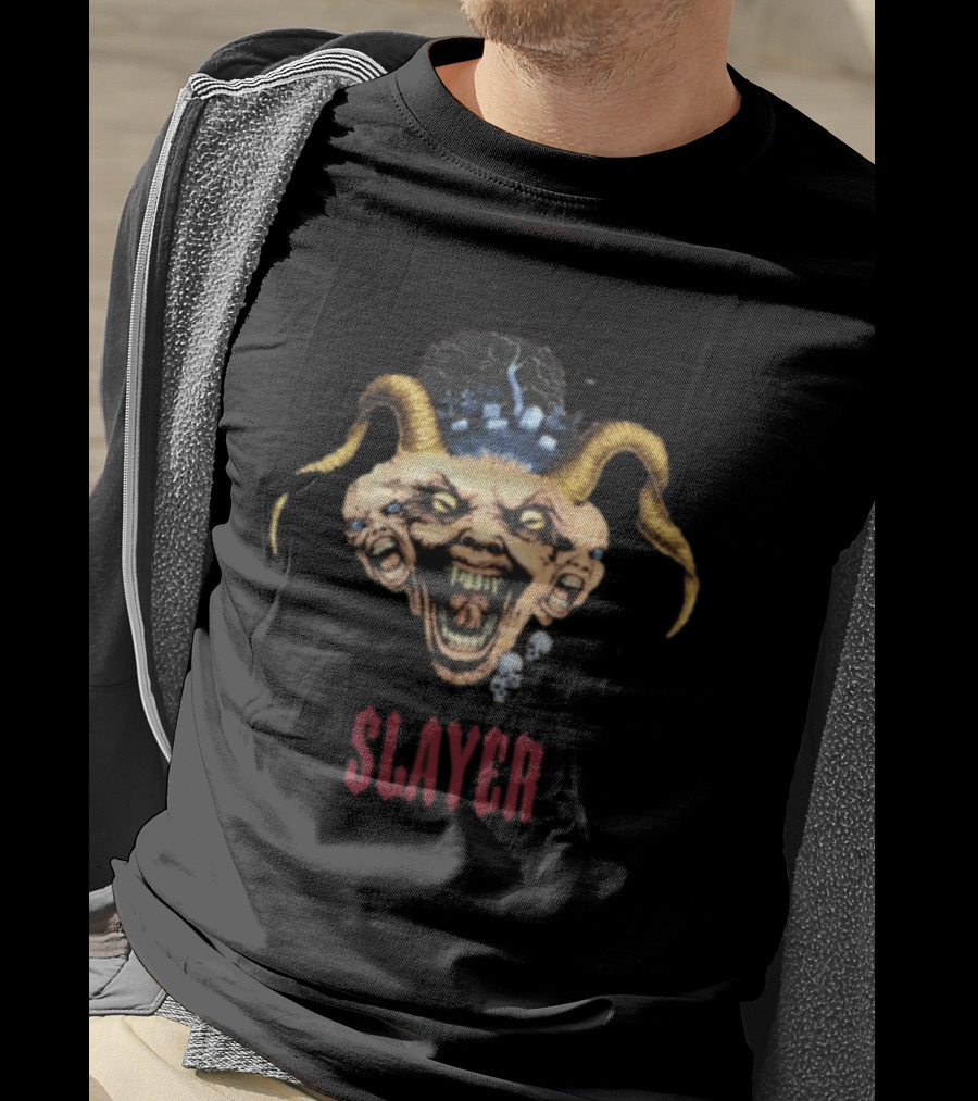 Slayer Triple Demon Head With Horns And Skulls T-Shirt