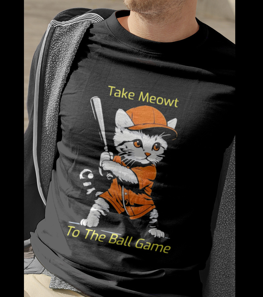 Take Meowt To The Ball Game Baseball Cat In Orange Uniform With Bat T-Shirt