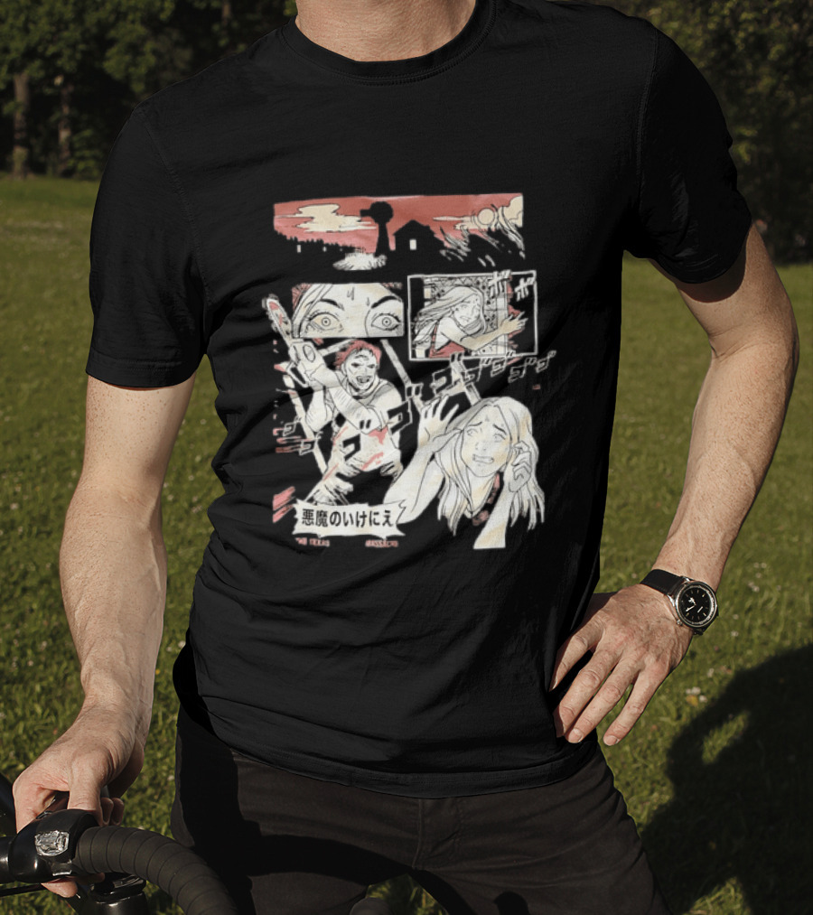 The Texas Chain Saw Massacre Manga Horror Panel With Japanese Text And Chainsaw Action T-Shirt