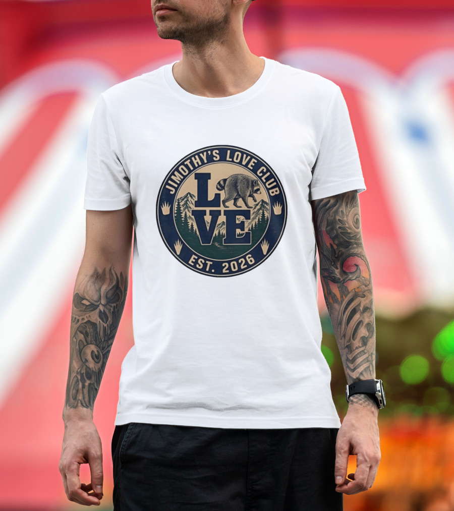 Jimothy's Love Club Raccoon Love Est 2026 Mountain Shield T-Shirt