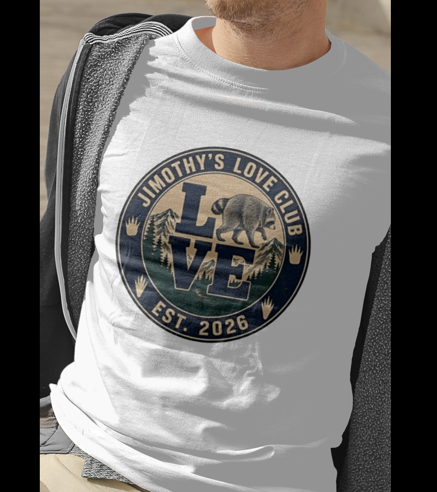 Jimothy's Love Club Raccoon Love Est 2026 Mountain Shield T-Shirt