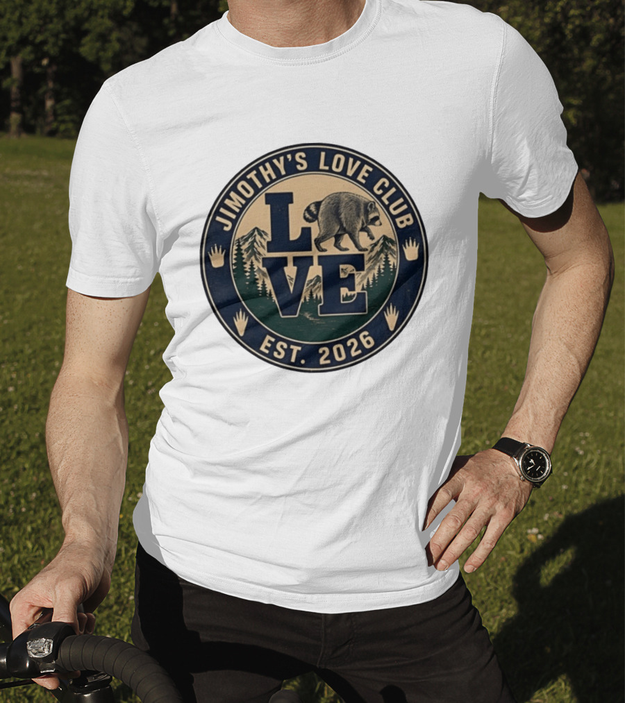 Jimothy's Love Club Raccoon Love Est 2026 Mountain Shield T-Shirt