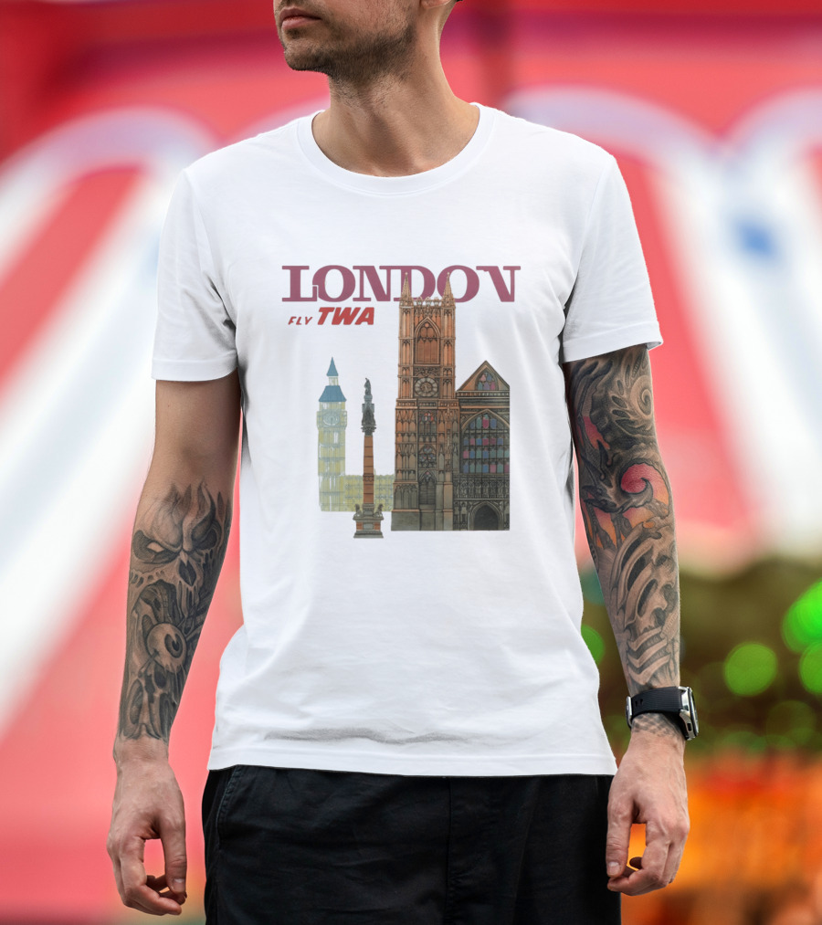 London Fly TWA Travel Big Ben Westminster Abbey Landmark T-Shirt