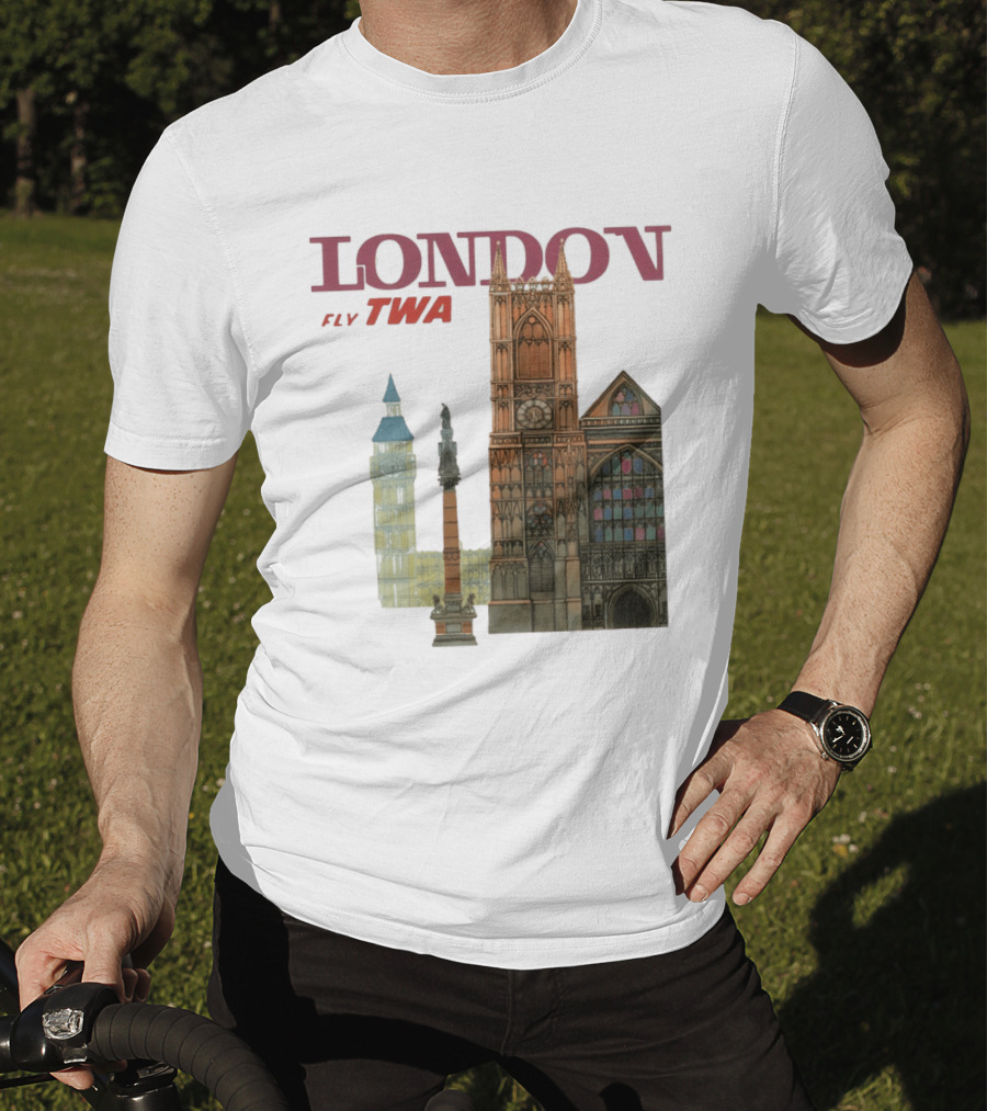 London Fly TWA Travel Big Ben Westminster Abbey Landmark T-Shirt