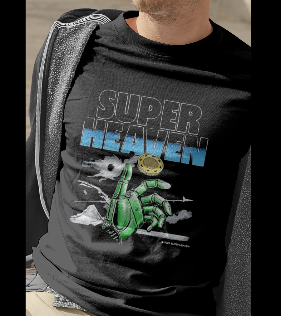 Superheaven Robotic Hand Space Adventure Coin And Mountain Scene T-Shirt
