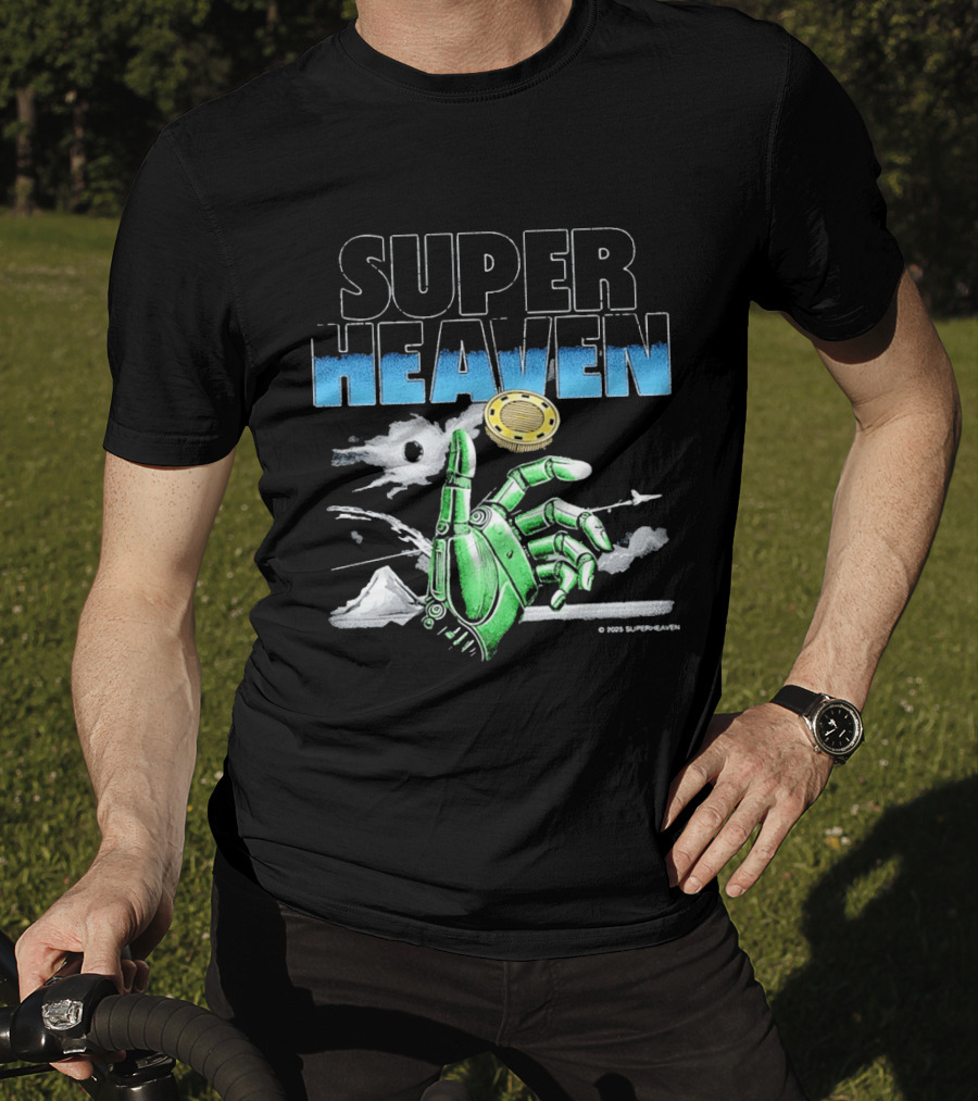 Superheaven Robotic Hand Space Adventure Coin And Mountain Scene T-Shirt