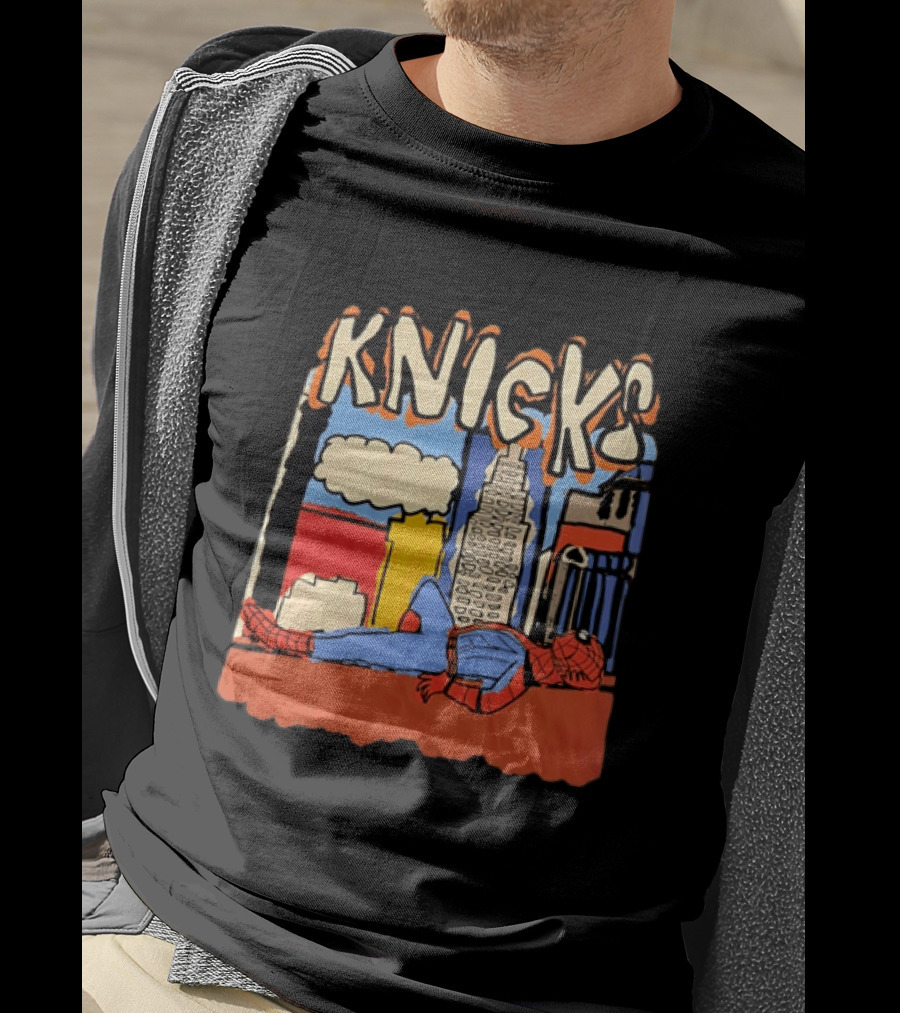New York Knicks Spiderman Marvel NBA Basketball Skyline T-Shirt