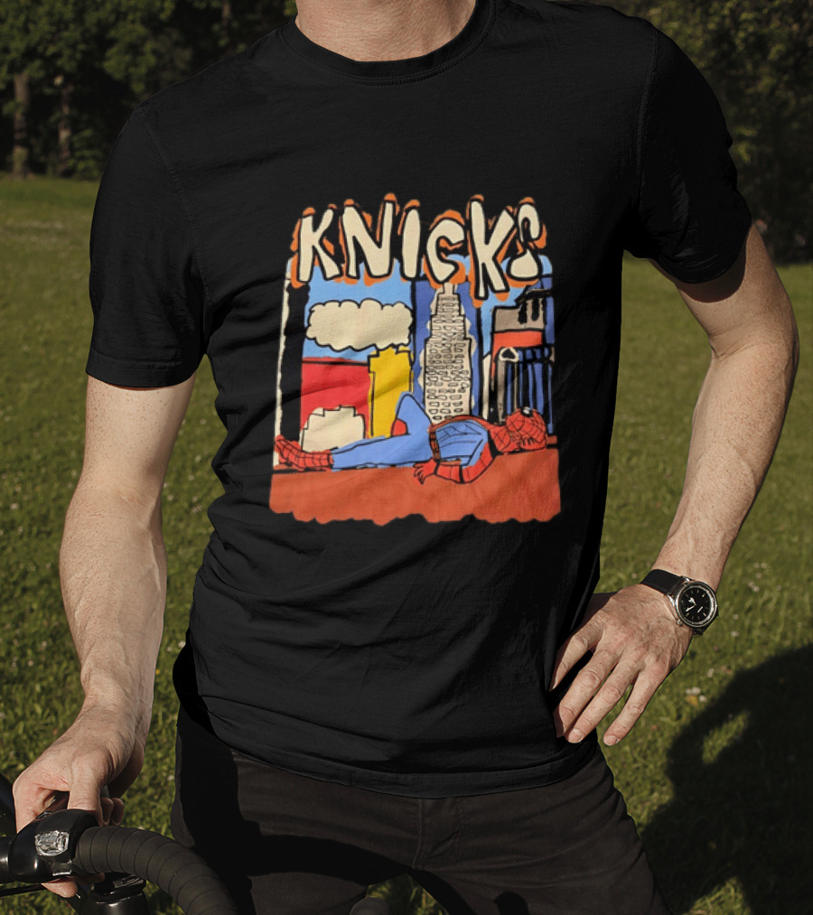 New York Knicks Spiderman Marvel NBA Basketball Skyline T-Shirt