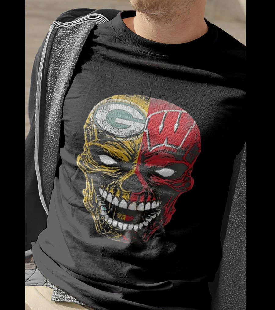 Wisconsin Green Bay Packers Badgers G W Skull Black T-Shirt