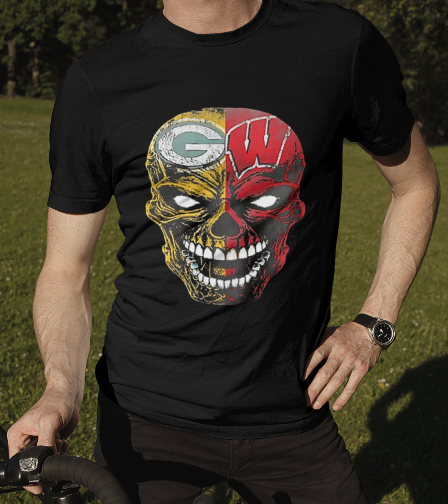 Wisconsin Green Bay Packers Badgers G W Skull Black T-Shirt