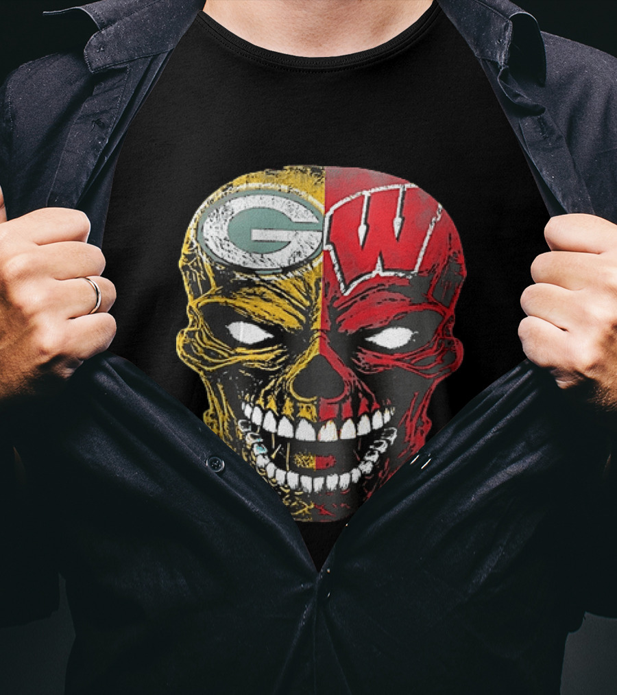 Wisconsin Green Bay Packers Badgers G W Skull Black T-Shirt