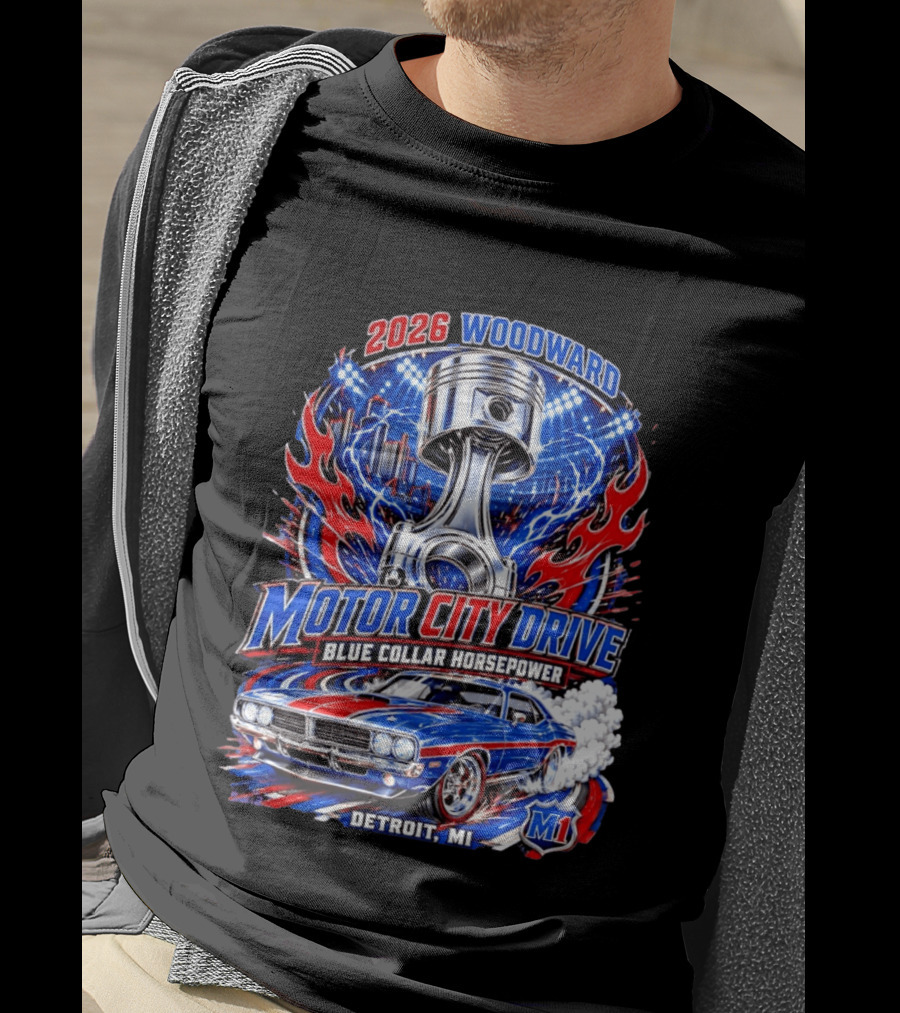 2026 Woodward Motor City Drive Blue Collar Horsepower Detroit MI M1 T-Shirt