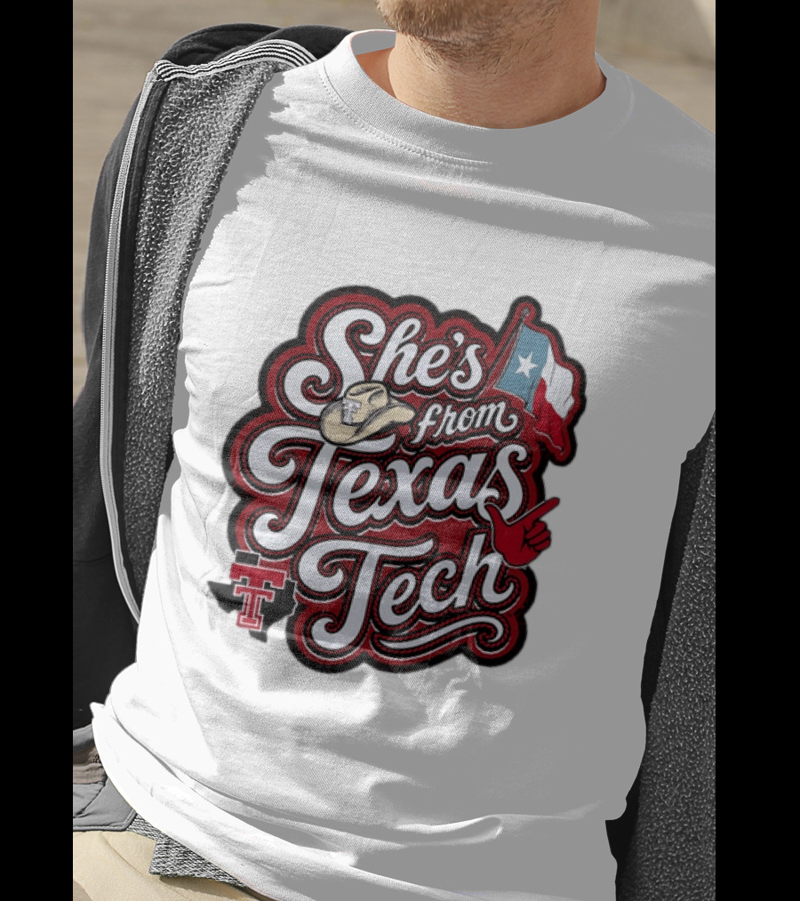 She's From Texas Tech Red Raiders Cowboy Hat Flag T-Shirt