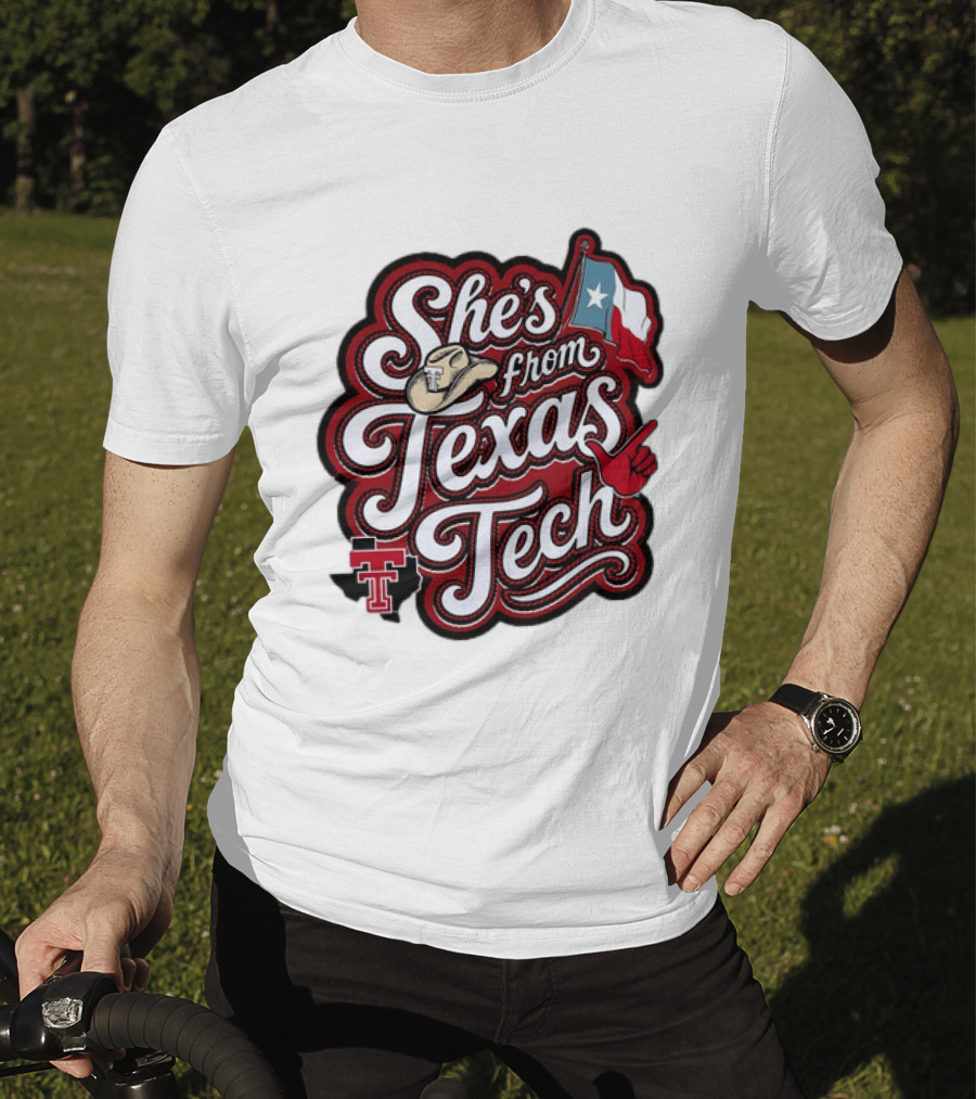 She's From Texas Tech Red Raiders Cowboy Hat Flag T-Shirt