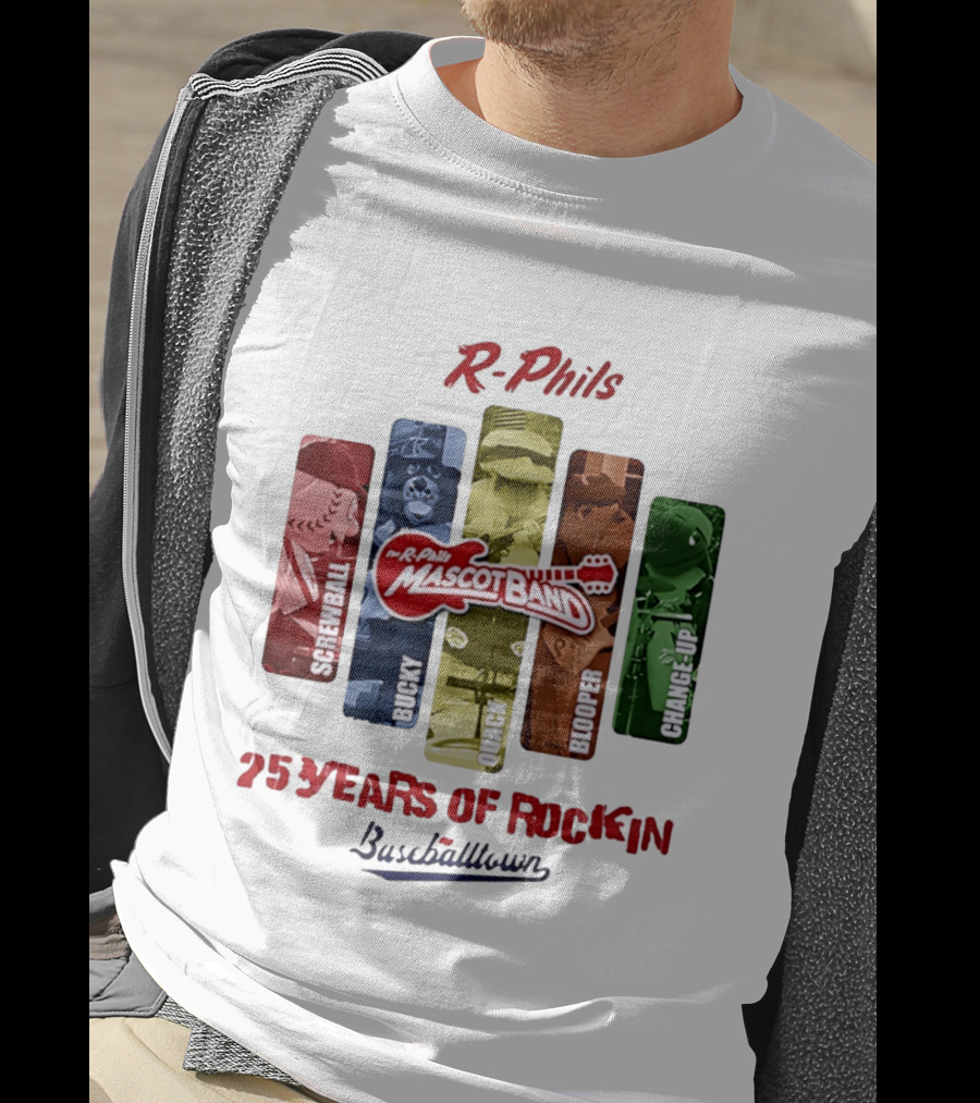 R Phils Mascot Band Screwball Bucky Quack Blooper Change Up 25 Years Of Rockin Baseballtown T-Shirt