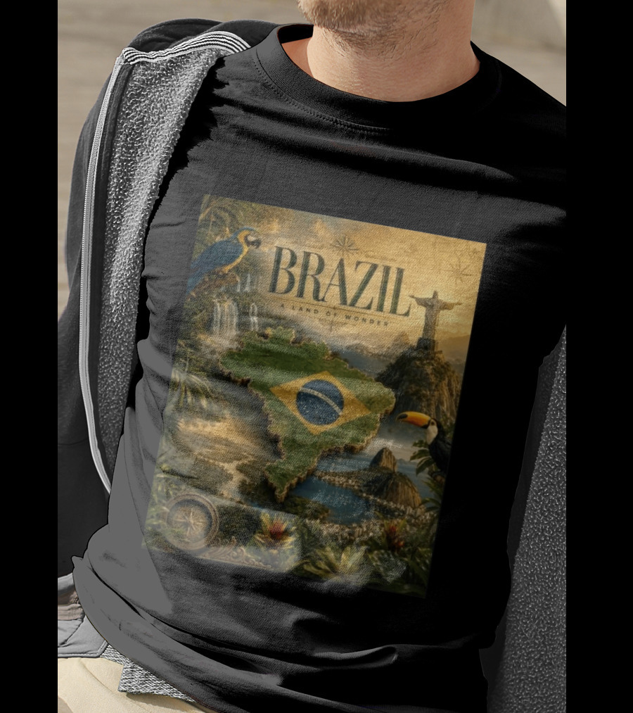 Brazil A Land Of Wonder Ordem E Progresso Christ The Redeemer Amazon Rainforest Toucan Macaw Waterfalls T-Shirt