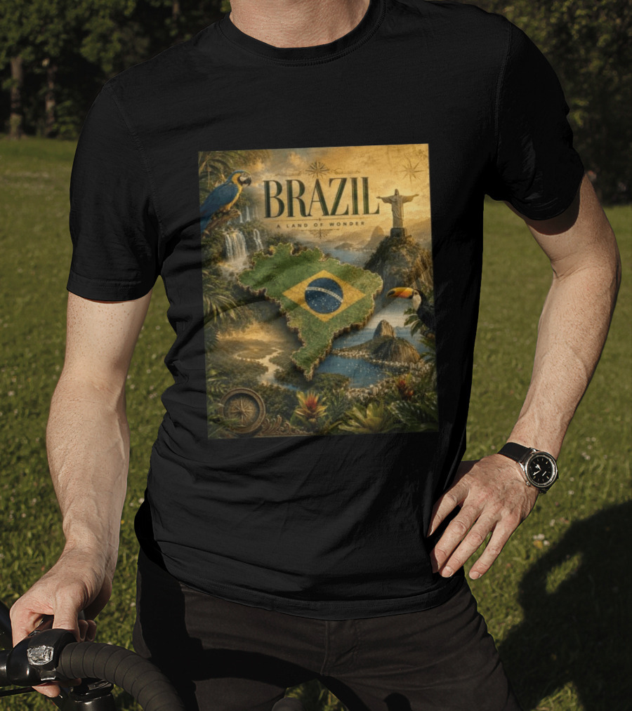 Brazil A Land Of Wonder Ordem E Progresso Christ The Redeemer Amazon Rainforest Toucan Macaw Waterfalls T-Shirt