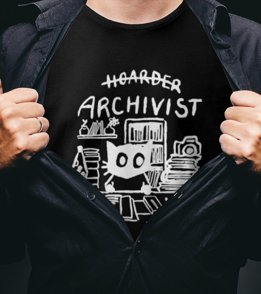 Hoarder Archivist Cat Surrounded By Books And Files T-Shirt