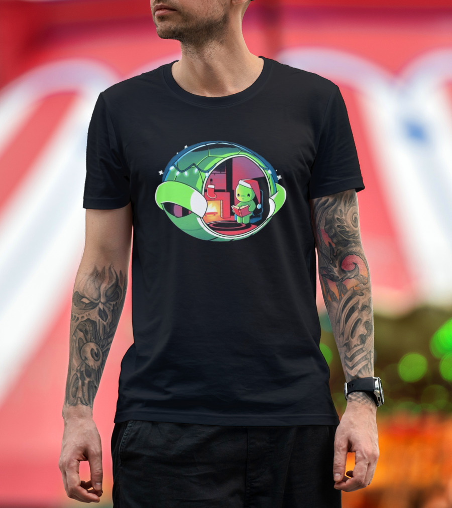 Christmas Turtle Cozy Holiday Scene With Santa Hat And Fireplace T-Shirt