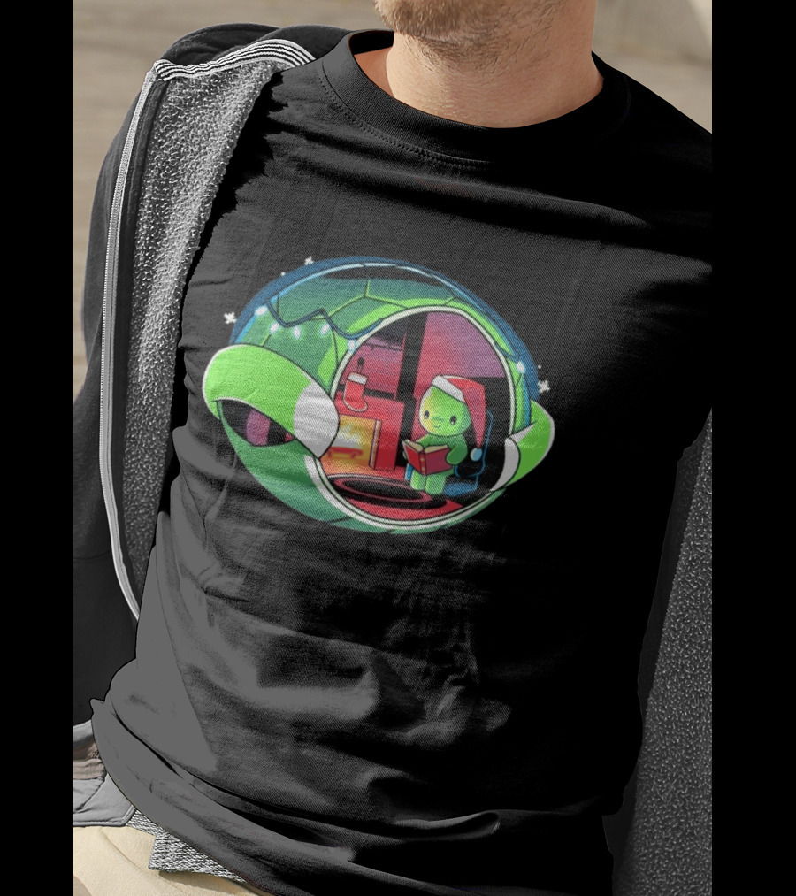 Christmas Turtle Cozy Holiday Scene With Santa Hat And Fireplace T-Shirt