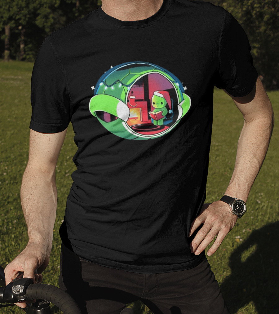 Christmas Turtle Cozy Holiday Scene With Santa Hat And Fireplace T-Shirt