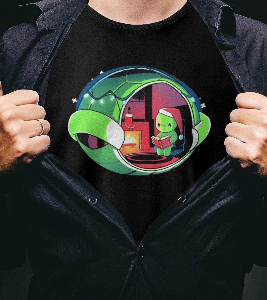 Christmas Turtle Cozy Holiday Scene With Santa Hat And Fireplace T-Shirt