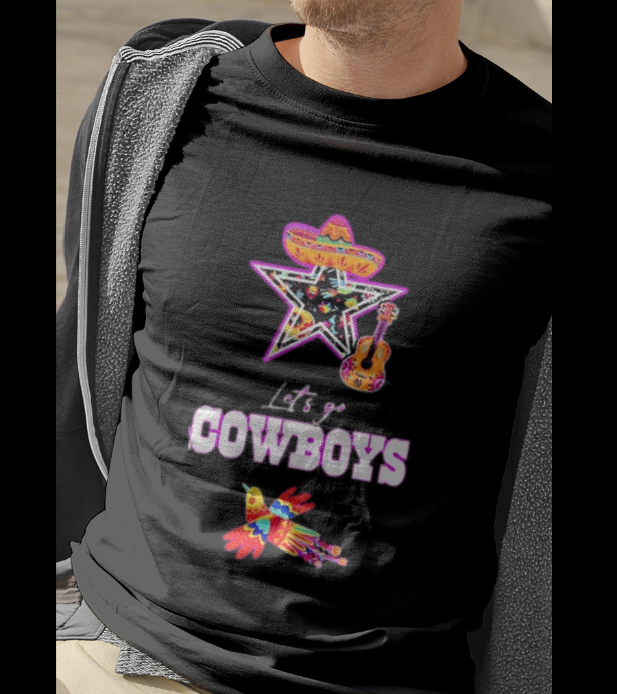 Let's Go Cowboys Mexican Folk Sombrero Star Guitar Bird T-Shirt