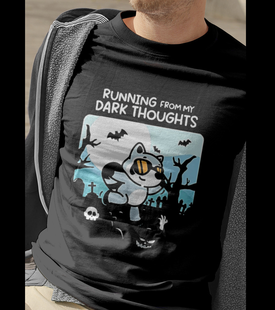 Raccoon Running From My Dark Thoughts Moonlight Bats And Graveyard Scene T-Shirt