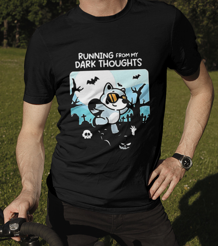 Raccoon Running From My Dark Thoughts Moonlight Bats And Graveyard Scene T-Shirt