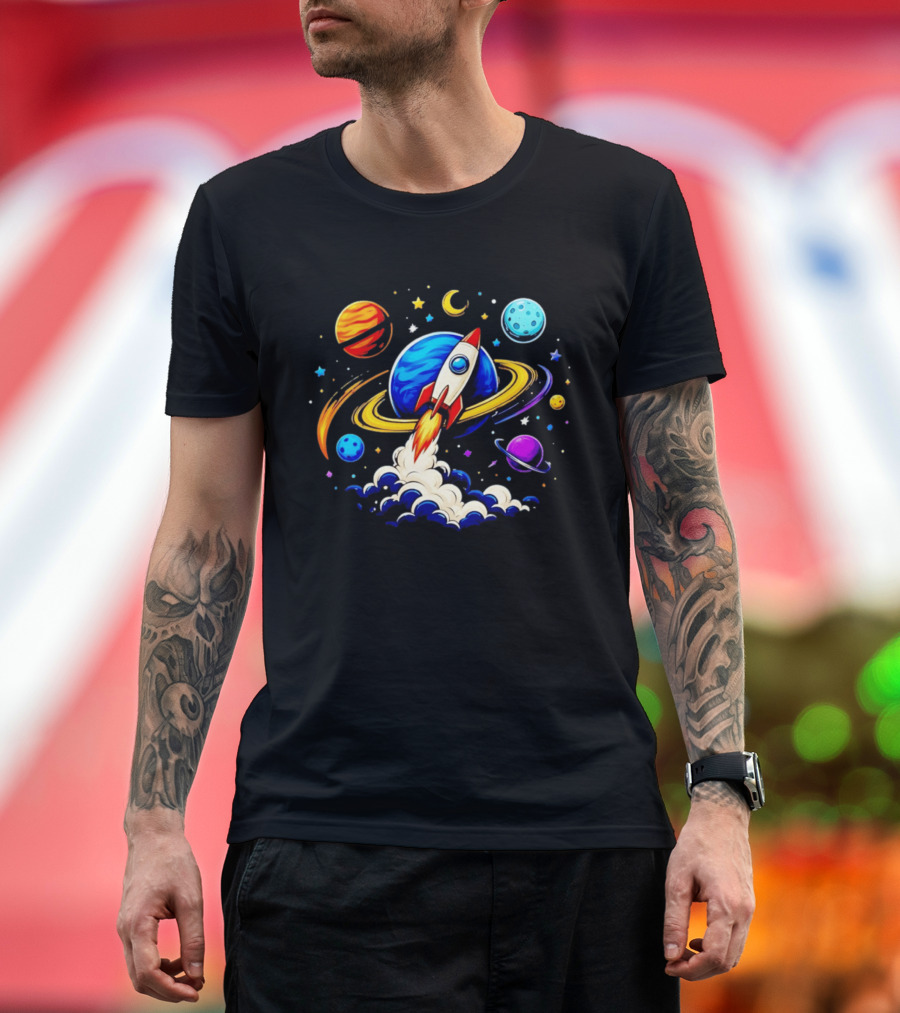 Space Rocket Launch With Vibrant Orbiting Planets And Stars T-Shirt