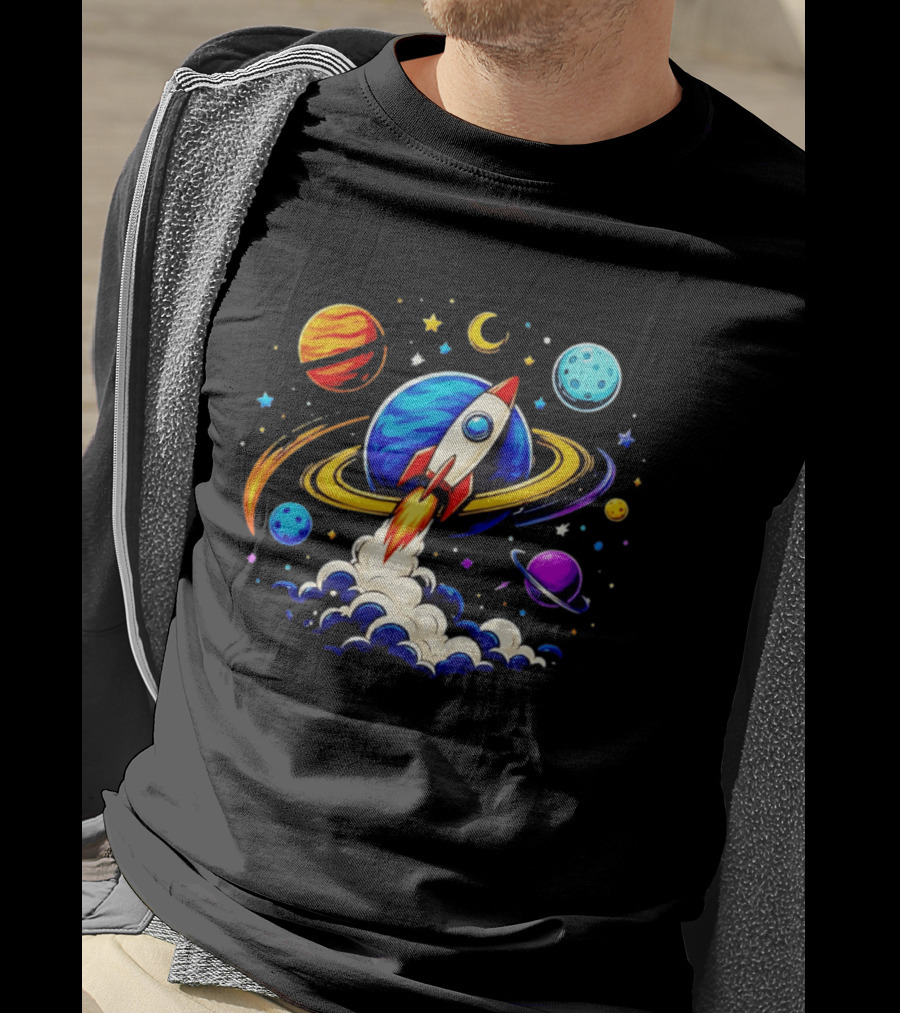 Space Rocket Launch With Vibrant Orbiting Planets And Stars T-Shirt