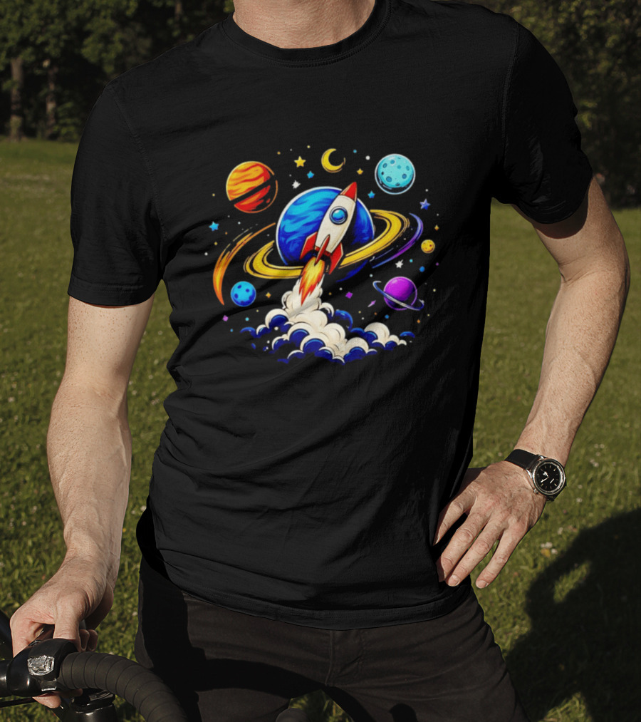 Space Rocket Launch With Vibrant Orbiting Planets And Stars T-Shirt