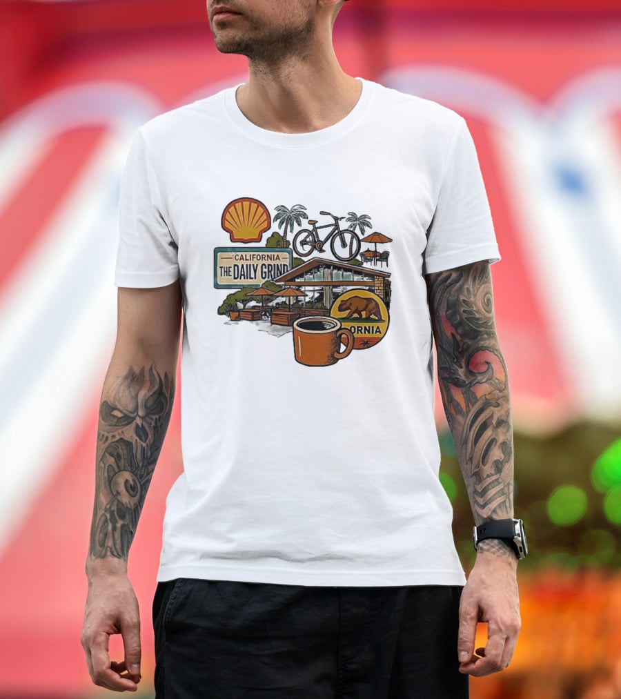 California The Daily Grind Shell Coffee Bear Bike Palms T-Shirt