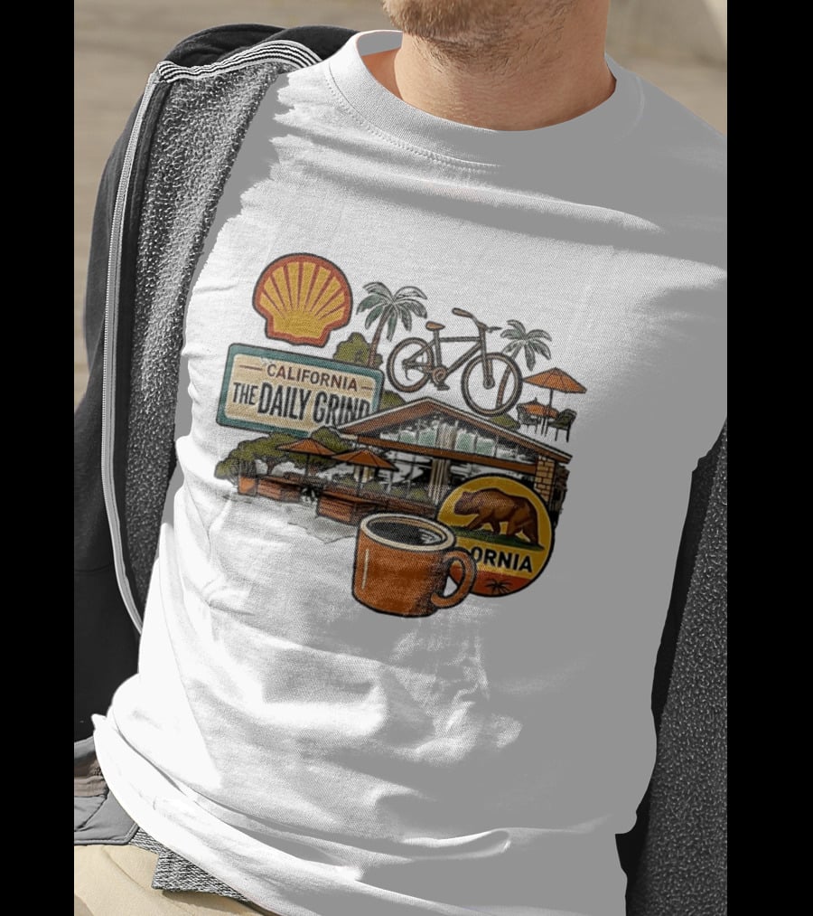 California The Daily Grind Shell Coffee Bear Bike Palms T-Shirt