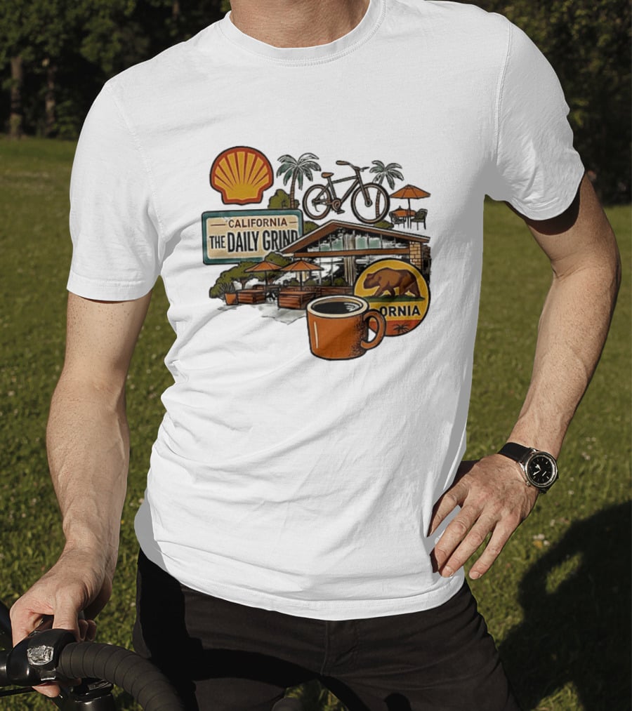 California The Daily Grind Shell Coffee Bear Bike Palms T-Shirt