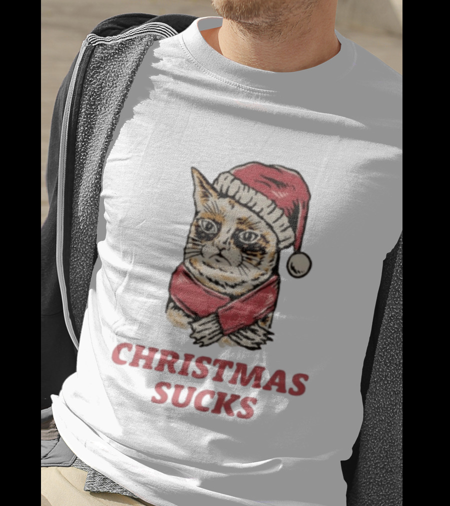 Cat Santa Hat Christmas Sucks Grumpy Humor T-Shirt