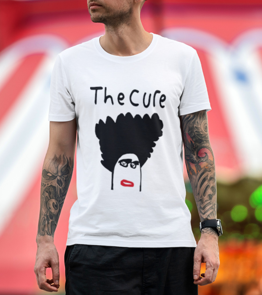 Kieran Maguire Wearing The Cure Text Bold Face Black Hair Red Lips T-Shirt