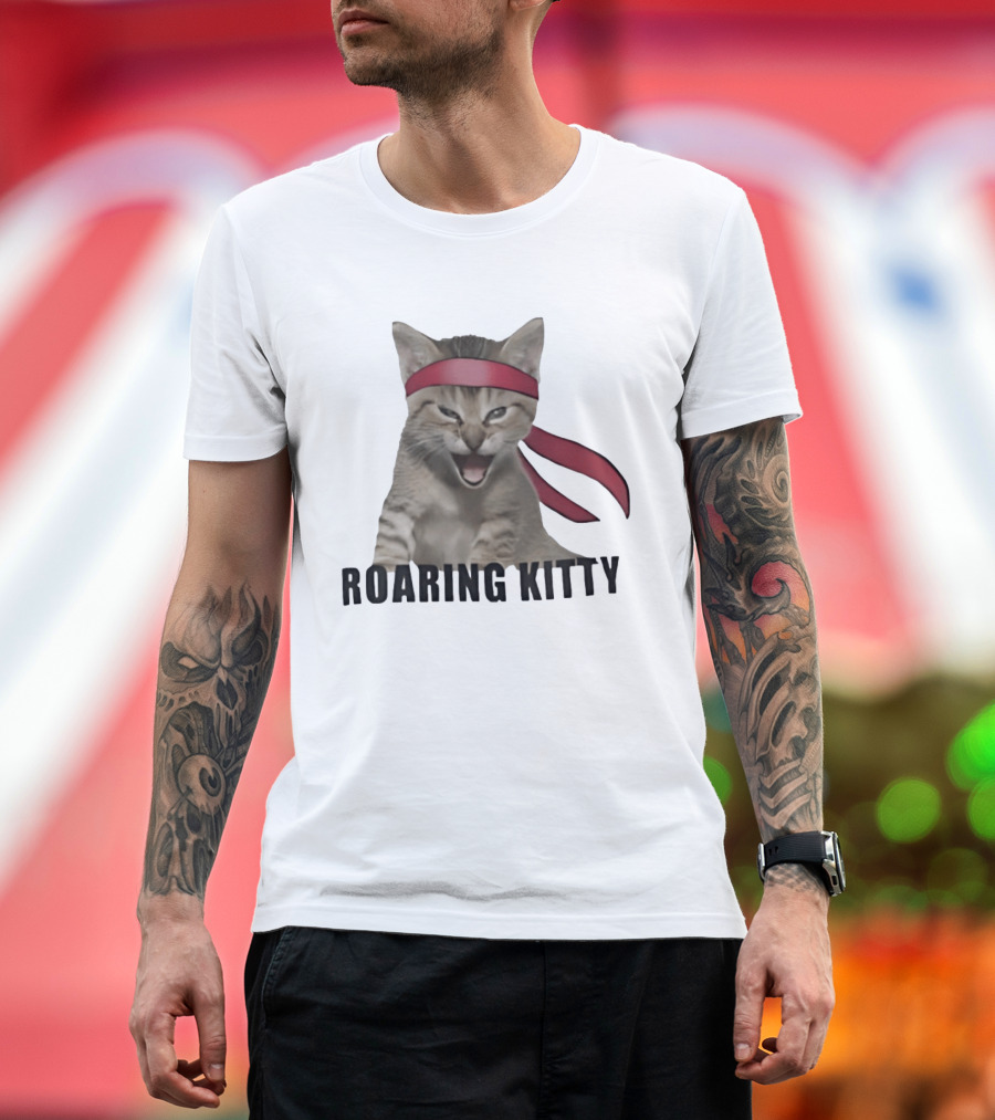 Roaring Kitty Kitten In Red Headband Stock Market Meme T-Shirt