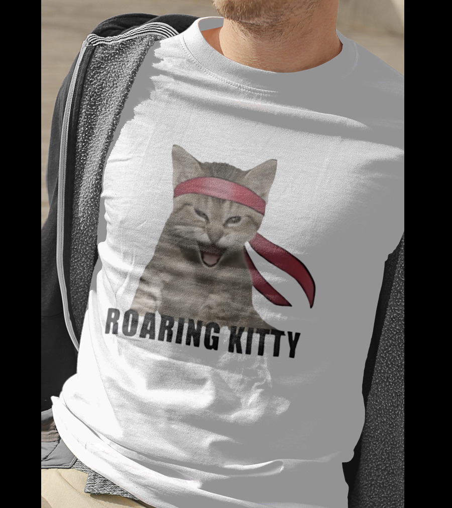 Roaring Kitty Kitten In Red Headband Stock Market Meme T-Shirt