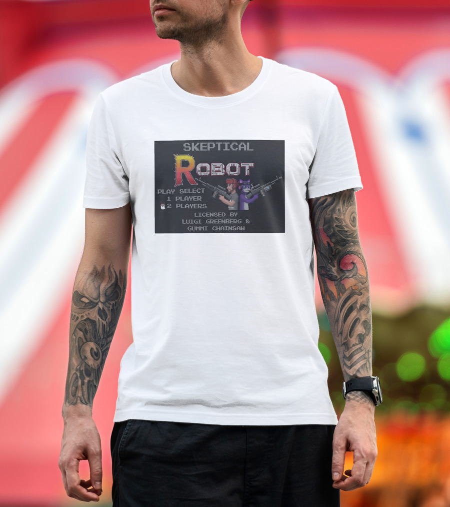 Skeptical Robot Play Select Luigi Greenberg Gummi Chainsaw T-Shirt